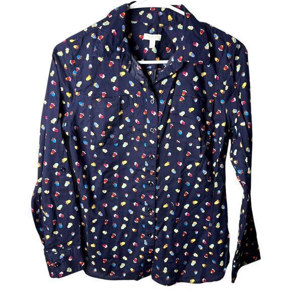 Talbots Button Up Navy All Over Acorn Print Shirt Blouse Teachercore Size P - Picture 2 of 9